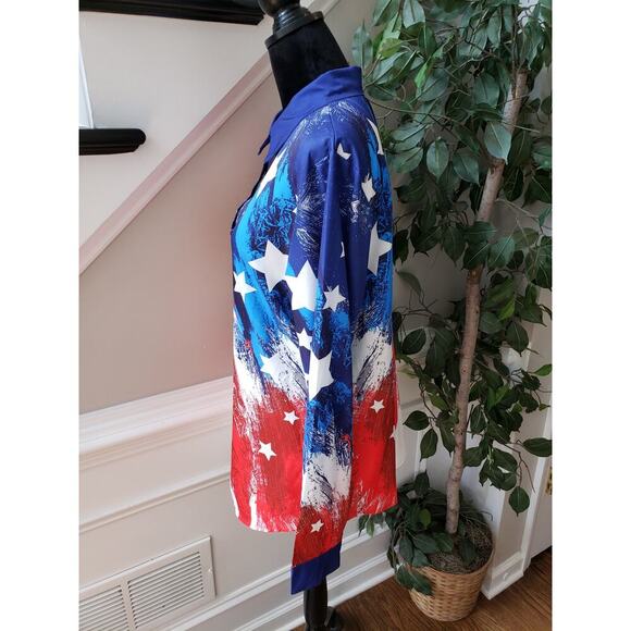 Women's Button Down Shirt XL Red & White Polyester Long Sleeve Stretch Collared - Picture 11 of 11